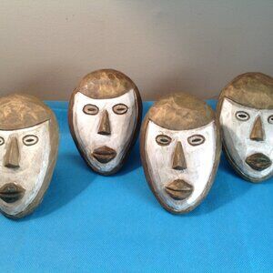 Vintage? Hand Carved Wooden African Tribal Art Mask Napkin Rings Set - Lot 4